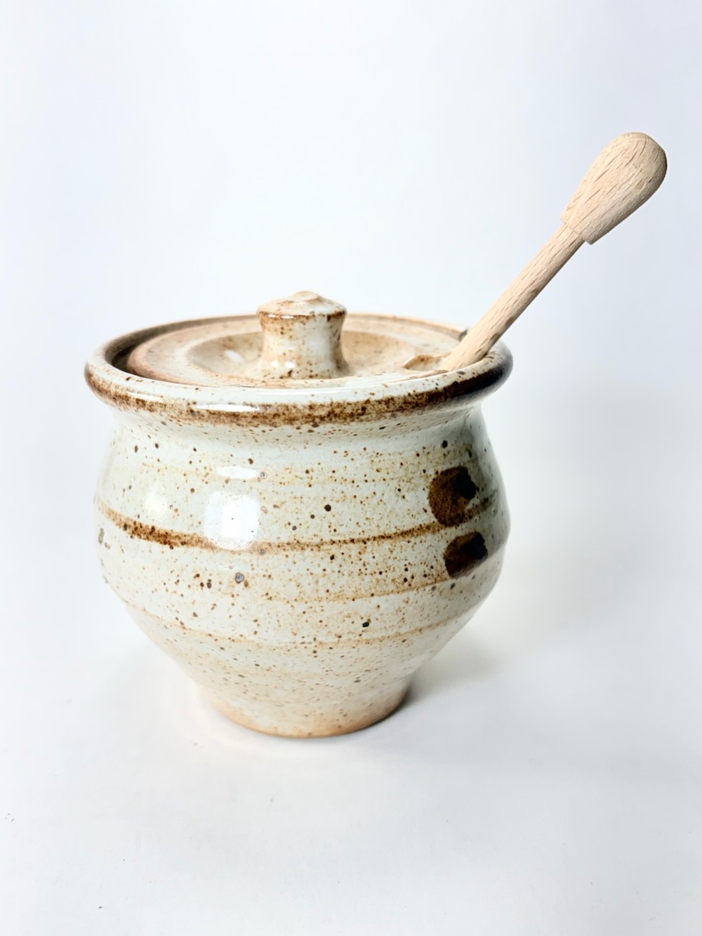 Handmade Art Studio Pottery Ceramic Honey Pot with Lid and Dipper  Signed